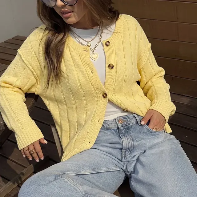 Solid Color Casual Acrylic Sweater with Long Sleeve Featuring Knitted Craft and Placket Design