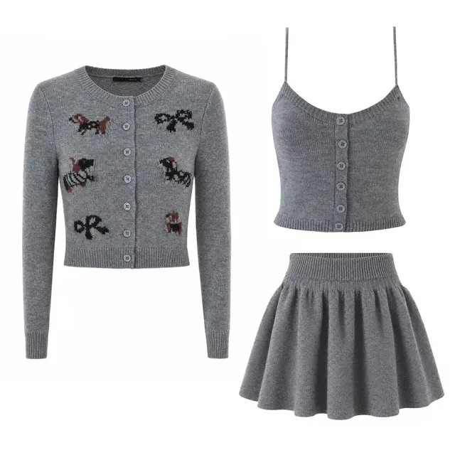 Solid Color Casual Long Sleeve Skirt Co-ord Set in Knitted Fabric with Placket, 3 Pieces Set