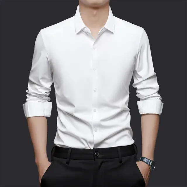 Solid Color Business Long Sleeve Blouse for Men in 4-Way Stretch Fabric, Summer Shirt
