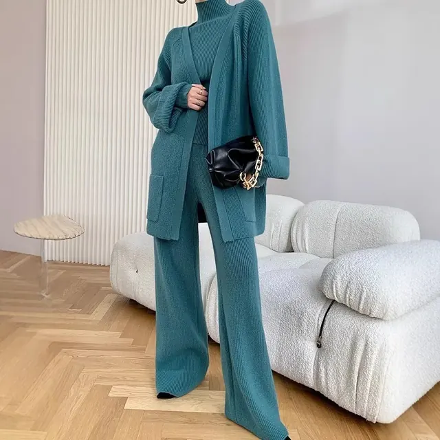 Casual Solid Color Pant Co-ord Set in Acrylic Fabric featuring Patchwork Craft with V Neck and Long Sleeve, 3 Pieces Set