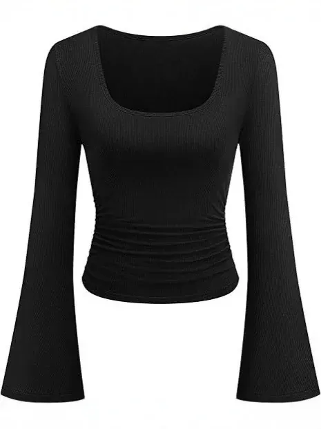 Solid Color Casual Long Sleeve Rib Fabric T-shirt for Women with Folds and Pullover Design