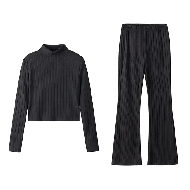 Women’s Stripe Pant Co-ord Set in Polyester with Turtleneck, Streetwear Style for Daily Wear, 2 Pieces Set