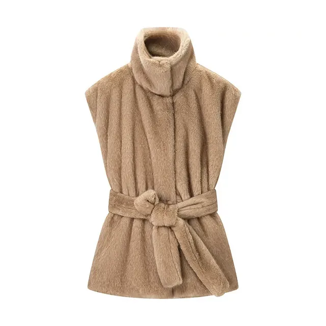 Sexy Sleeveless Women's Vest in Polyester Fabric with 3D Print, Turtleneck, Tie Closure, and Belt Detail