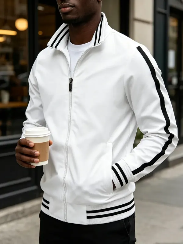 Men's Solid Color Jacket Featuring Zipper Placket in Simple Style, Crafted from Polyester Fabric