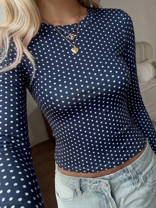 Vintage Style Polka Dots Long Sleeve Polyester T-shirt with Printing and Pullover Design for Women
