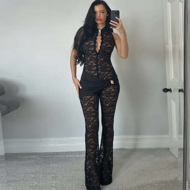Sexy Lace Full Length Jumpsuit for Women in Polyester Fabric Featuring Elegant Lace Craft with Micro-Elastic Comfort