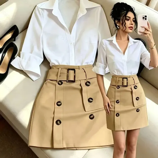 Solid Color Skirt Co-ord Set in Polyester Featuring a Slim Fit Blouse with Regular Sleeves for Commute