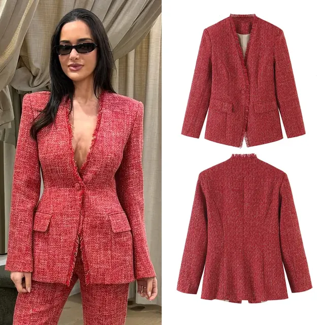 Streetwear Long Sleeve Polyester Blazer with Tassel Craft and V Neck in Regular Sleeve Style