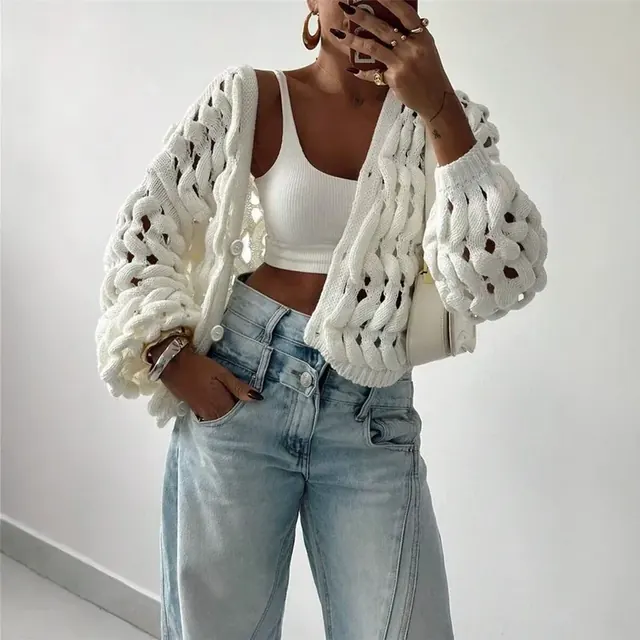 Solid Color Casual Acrylic Sweater with Long Sleeve, V Neck and Single Breasted Design