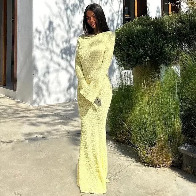 Solid Color Long Sleeve Sheath Dress with Round Neck in Polyester Spandex, Casual Maxi Long Dress