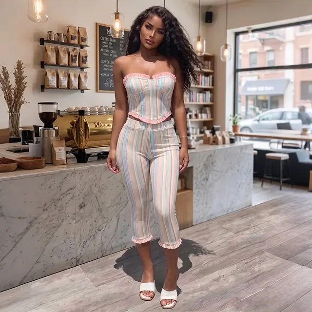 Sexy Color Block Pant Co-ord Set in Milk Fiber Fabric Featuring Printing with Sleeveless Design and Tube Bra Neckline