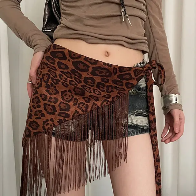 Women's Vintage 90s Leopard Print Tassel Woven Belt in Dark Coffee and Khaki Polyester