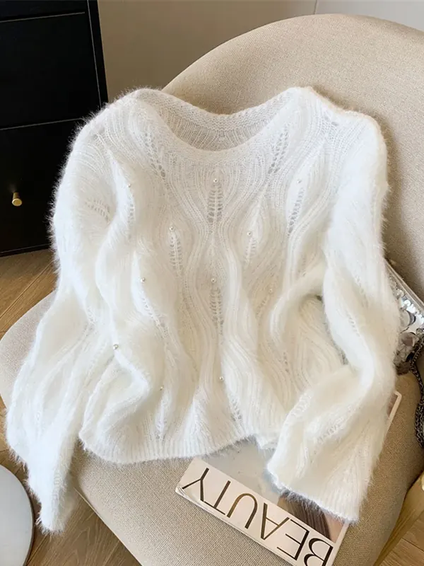 Solid Color Long Sleeve Preppy Style Knitwear Featuring Hollow Out Design in Polyester