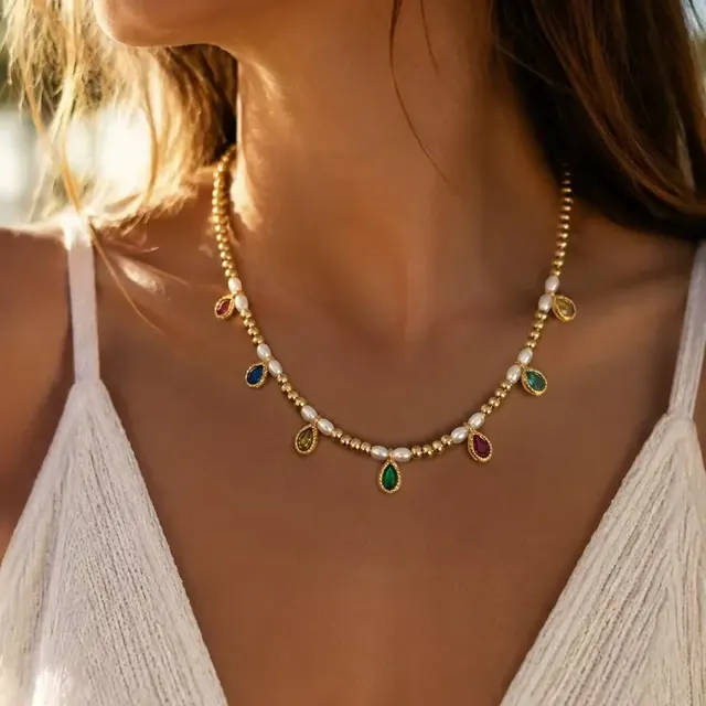 Water Droplets Multi Charms Necklace, Waterproof 304 Stainless Steel, 18K Gold Plated with Zircon on Beaded Chain