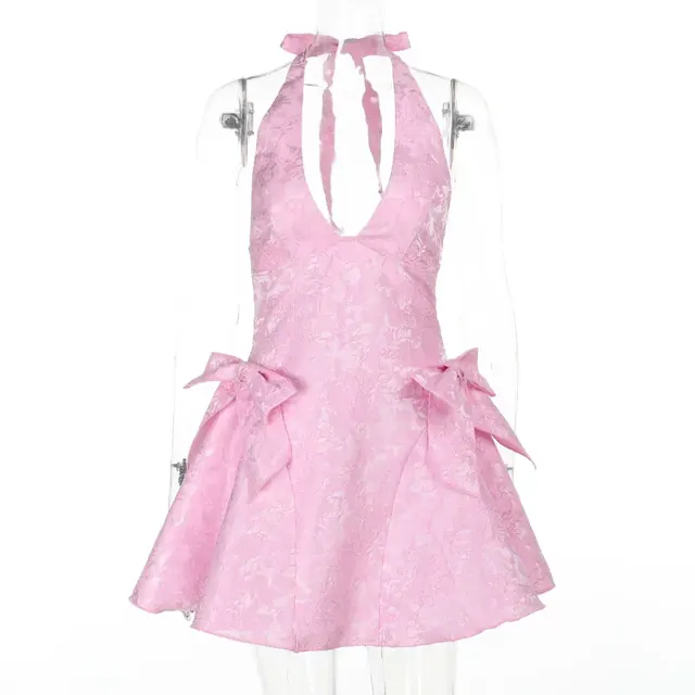 Sexy Sleeveless Halter Neck Party Dress with Bow Tie in Polyester for Banquet