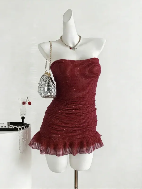 Sexy Solid Color Sleeveless Sequin Dress with Tube Bra Neckline for Party, Made of Polyester