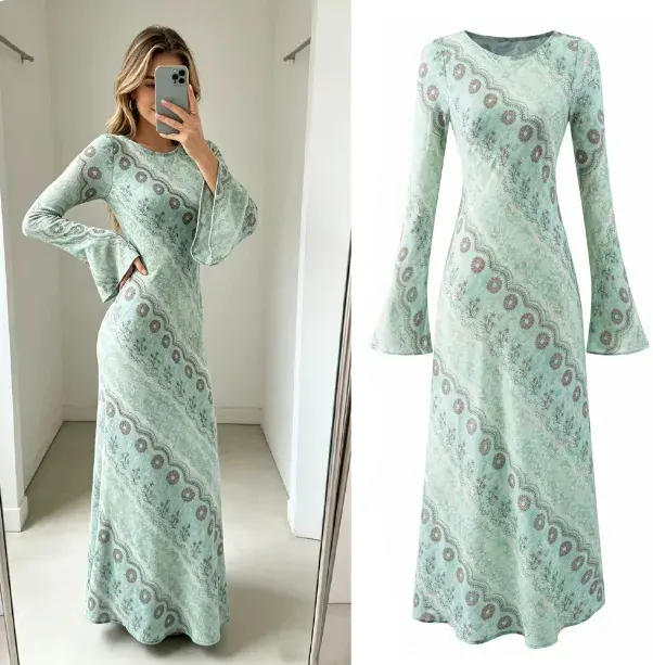 Printing Long Sleeve Round Neck Sheath Dress in Cotton Polyester Fabric for Vacation and Travel