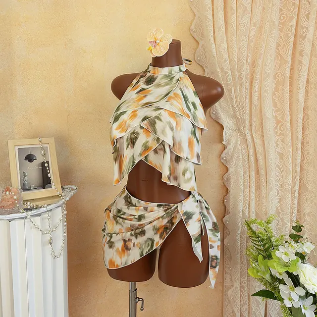 Women’s Ditsy Floral Orthodox Cross Necklace Split Swimsuit in White Polyester Featuring Floral Design