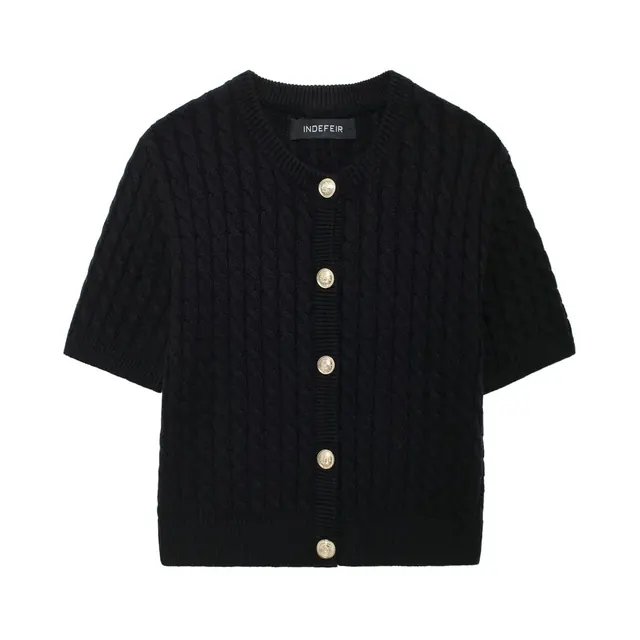 Solid Color Short Sleeve Streetwear Knitted Polyester Women's Sweater with Single Breasted Design