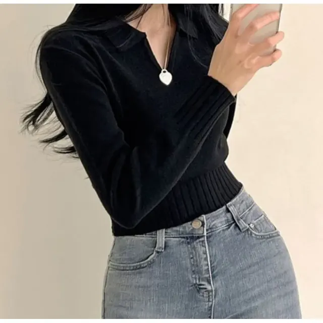 Women's Slim Fit Dark Grey Solid Long Sleeve Viscose Pullover Sweater with Shirt Collar for Business Commute