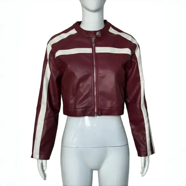 Vintage Style Color Block Leather Jacket for Women in PU Fabric with Zipper Closure