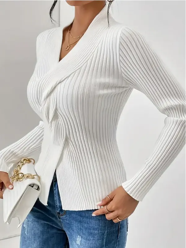 Elegant Solid Color Long Sleeve Knit Pullover for Women Featuring Rib-Knit Craftsmanship