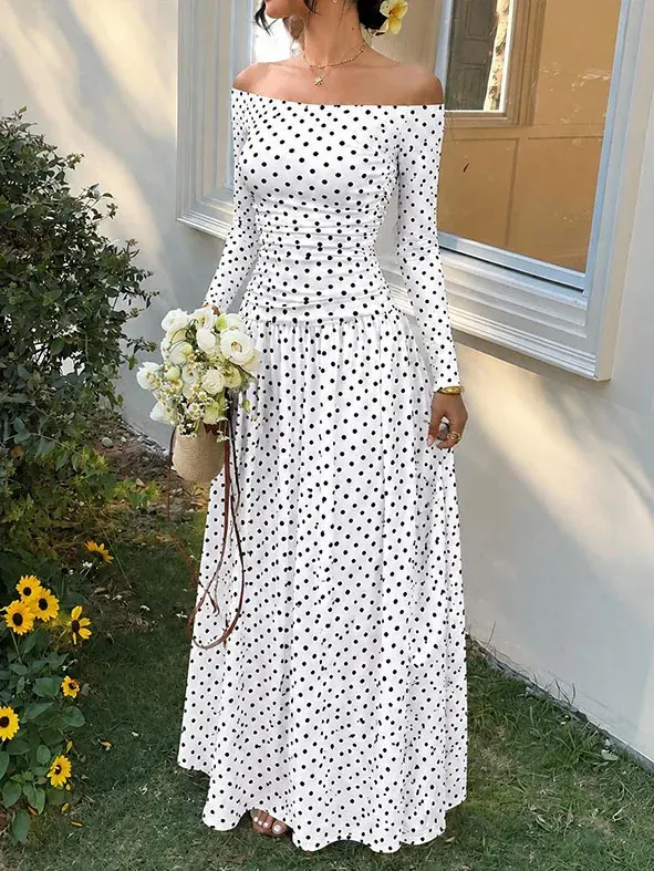 Sexy Polka Dot Dress with Off Shoulder Neckline and Long Sleeves, Made of Polyester, Perfect for Date