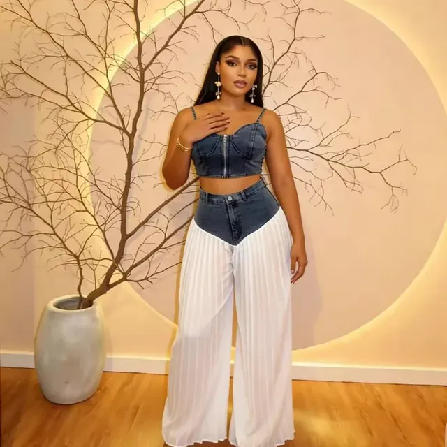 Women's Sleeveless Pleated Contrast Collar Leisure Suit