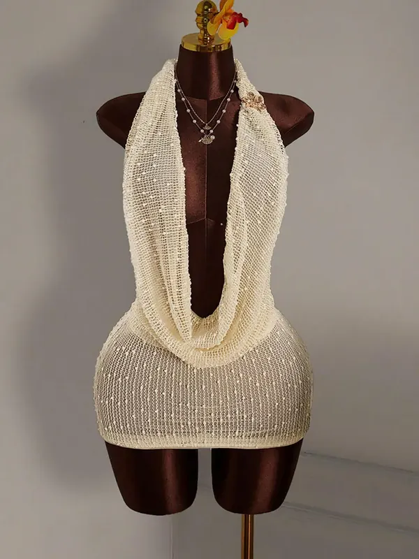 Sexy Solid Color Sleeveless Halter Neck Sundress in Knit Fabric for Beach