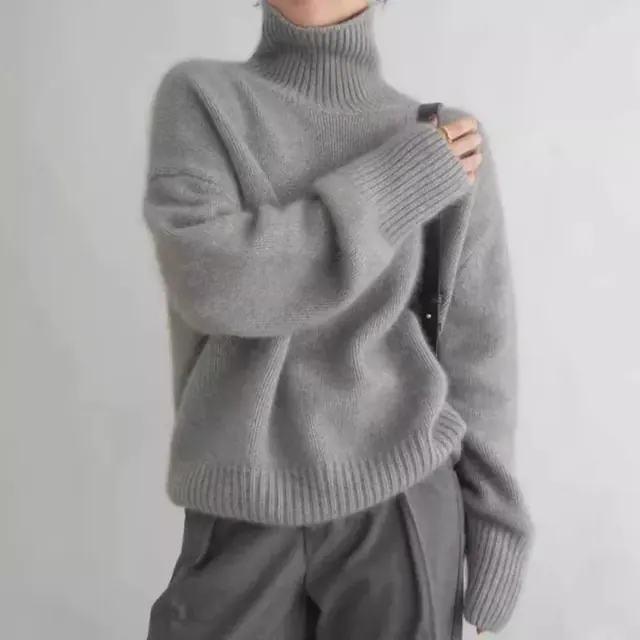 Loose Turtleneck Long Sleeve Solid Color Acrylic Sweater for Women