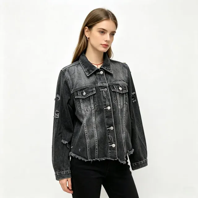 Women's Denim Coat with Lapel Collar in Vintage Style Featuring Ripped Denim Fabric and Long Regular Sleeves