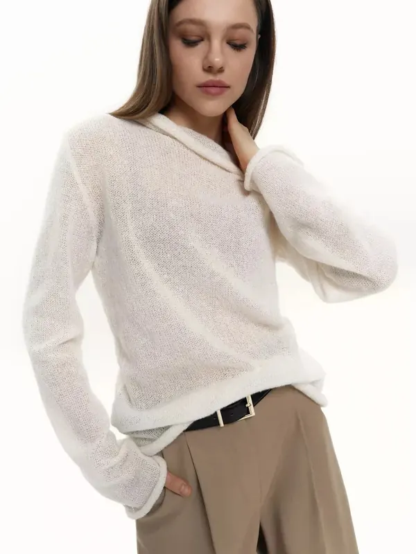 Solid Color Long Sleeve Acrylic Streetwear Pullover Sweater for Women Featuring Hollow Out Design