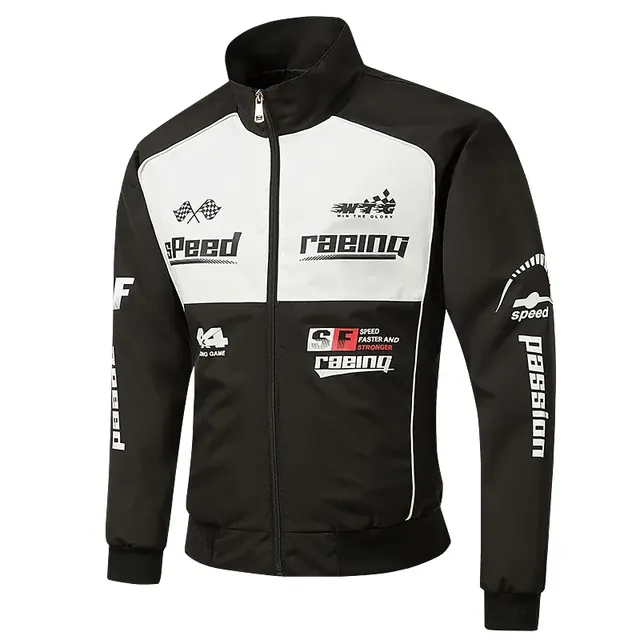 Men's Printed Polyester Jacket with Zipper Placket in Dyed Black Outerwear