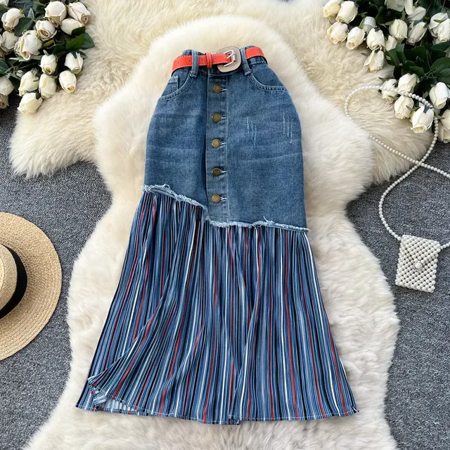 Vintage Style Stripe Cotton Blend Skirt with Folds in High Waist Denim Design for Winter