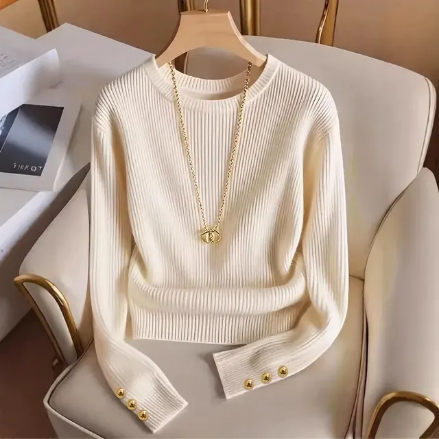 Elegant Solid Color Long Sleeve Polyester Pullover Knitted Women's T-Shirt