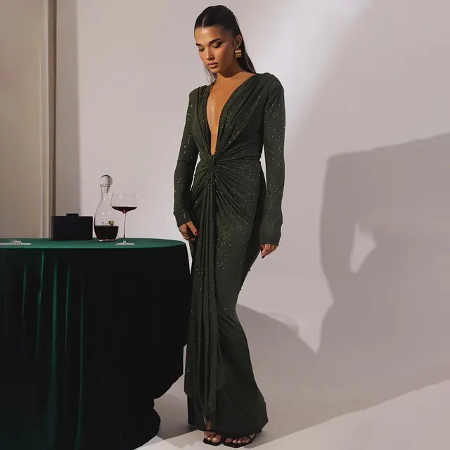 Solid Color Bodycon Dress with Deep V Neckline and Long Sleeves in Polyester Maxi Long Dress for Streetwear