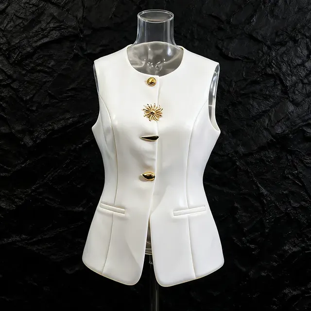 Color Block Sleeveless Vest in Polyester Fabric with Button Detail, Streetwear Style for Women
