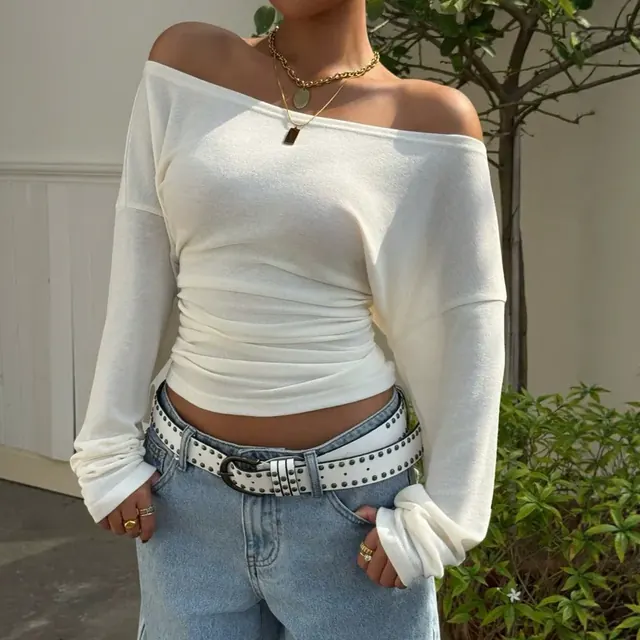 Sexy Solid Color Long Sleeve Pullover Rib-Knit Rib Fabrics Women's T-Shirt