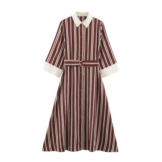 Casual Stripe Regular Dress with Long Sleeve and Shirt Collar, made of Polyester fabric