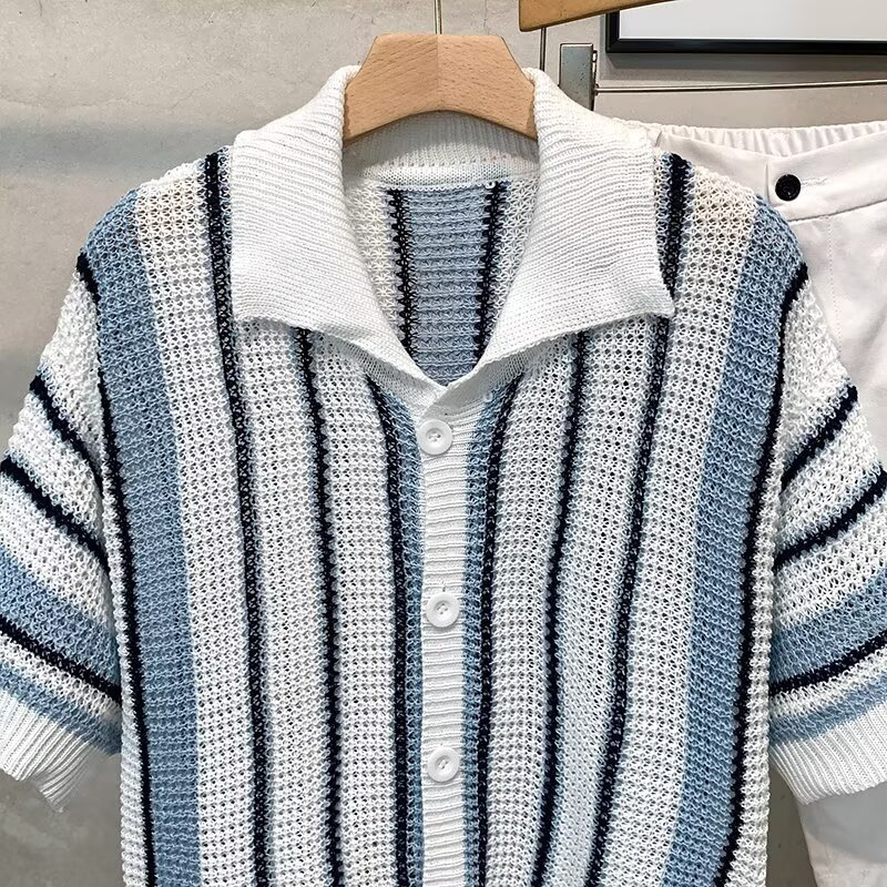 Stripe Short Sleeve Polyester Polo Shirt For Men