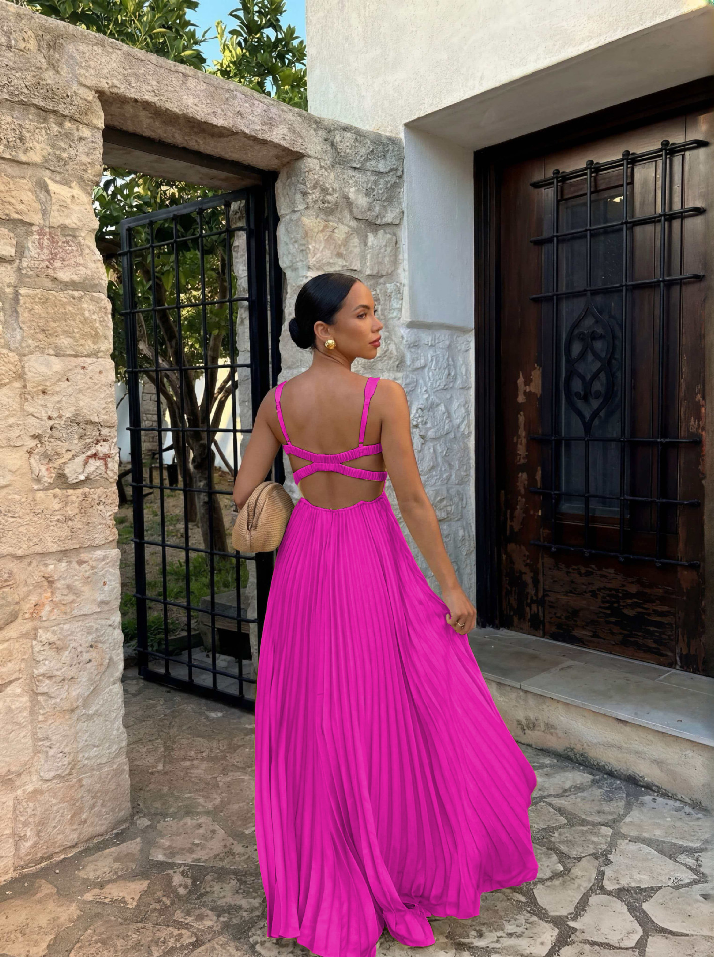 Solid Color Sleeveless V Neck Strap Dress In Polyester For Banquet, Maxi Long Dress