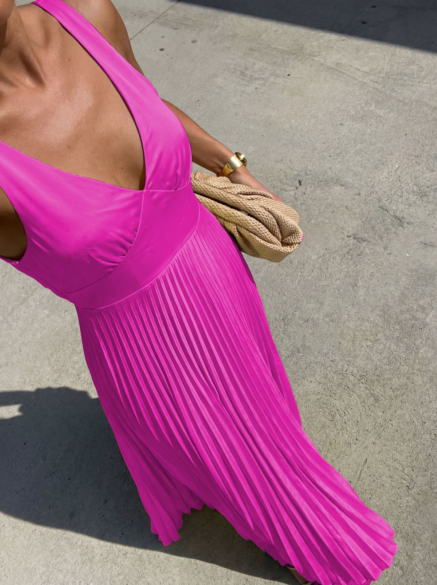 Solid Color Sleeveless V Neck Strap Dress