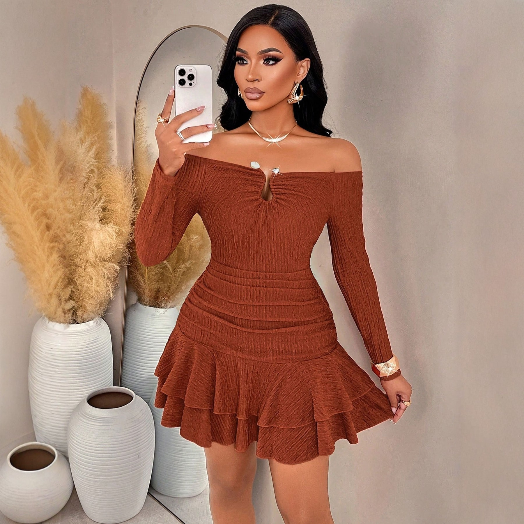 Sheath Dress With Long Sleeve And Boat Neck In Knitted Fabric