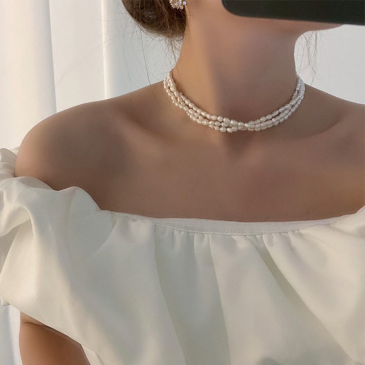 Three Layer Necklace With Freshwater Pearl Inlay And Snake Chain