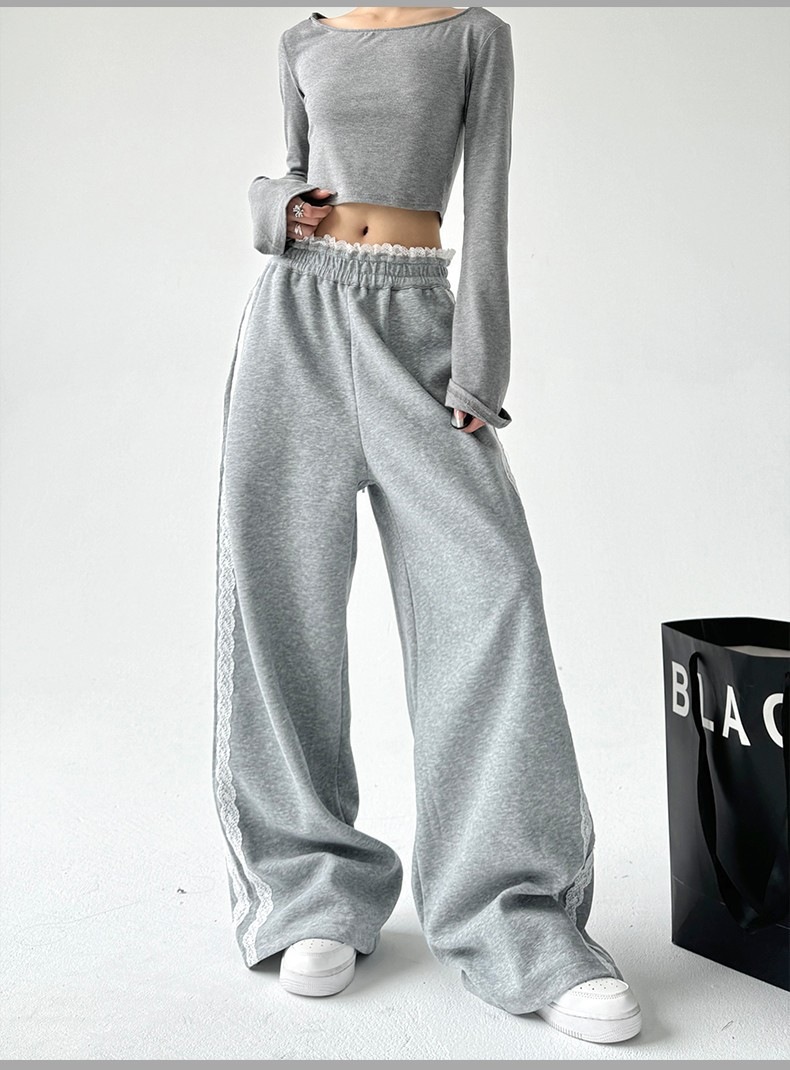 Full Length Pants In Cotton With Lace Detailing