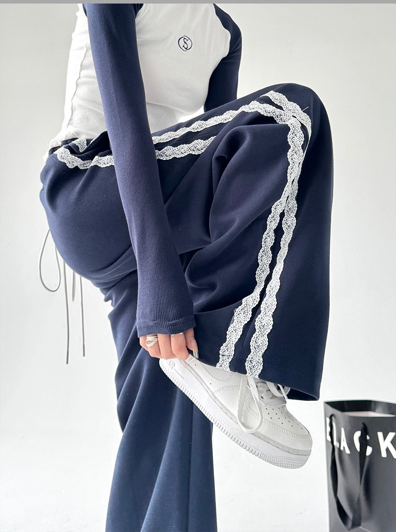 Full Length Pants In Cotton With Lace Detailing