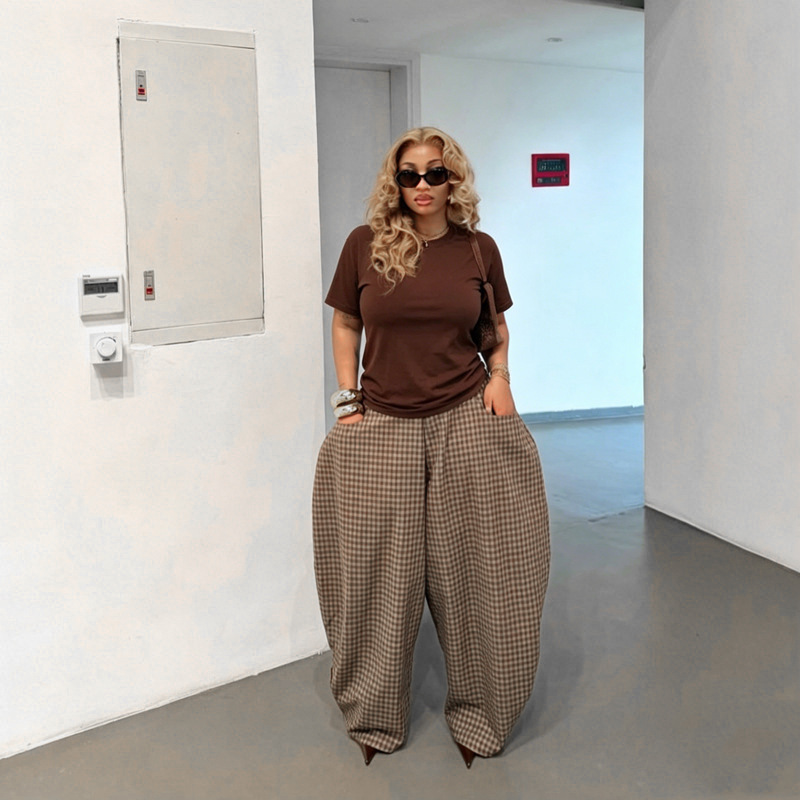 Retro Plaid Wide Leg Pants In Full Length For Casual Wea r