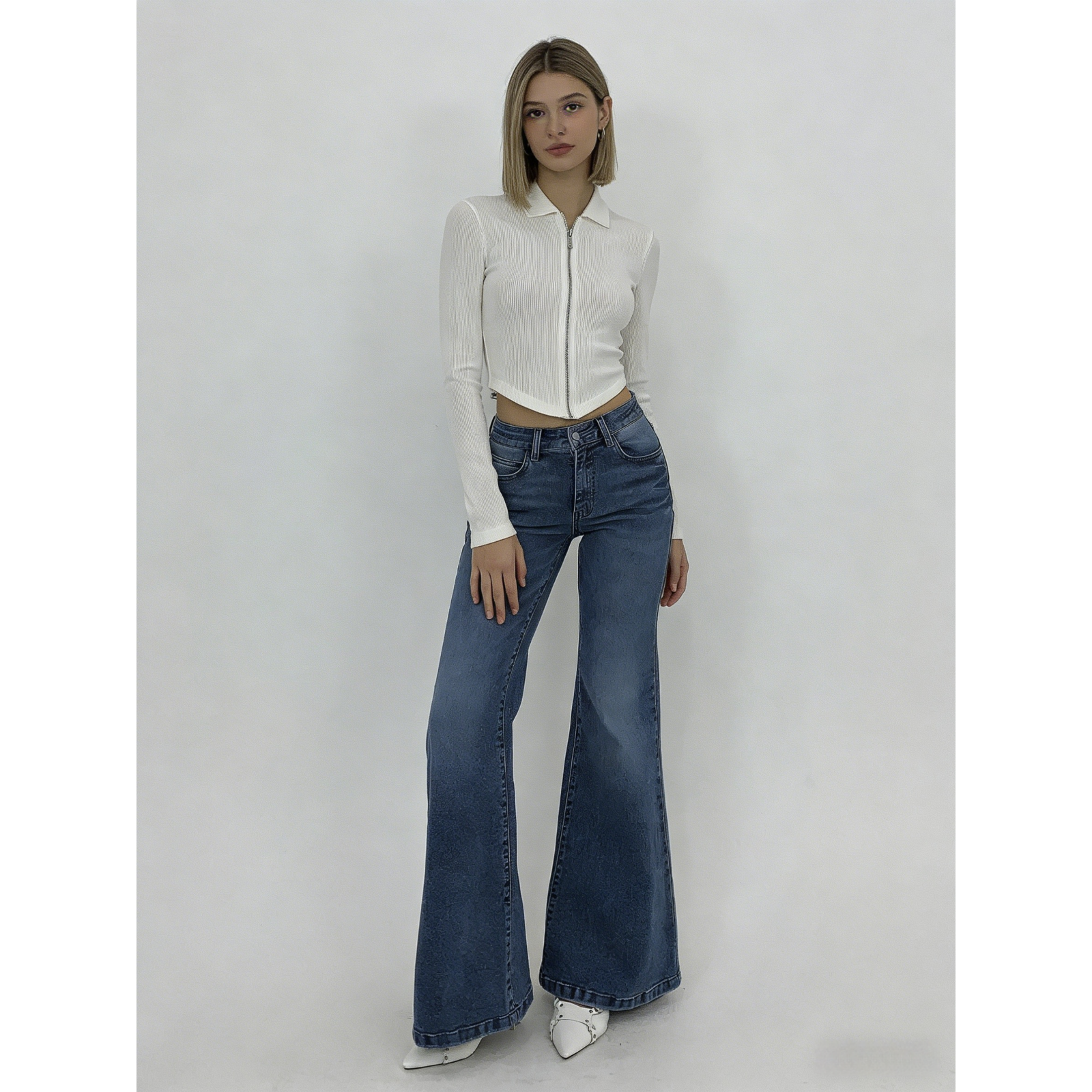 Casual Full Length Jeans For Women In Cotton Fabric With Buckle Detail