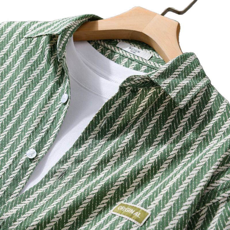 Casual Long Sleeve Stripe Polyester Shirt For Men With Placket