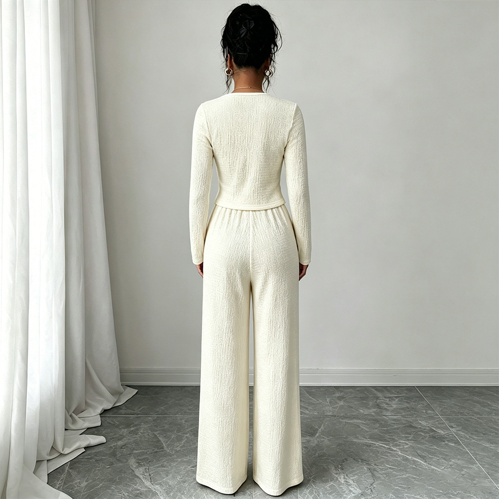 Polyester Pant Co-ord Set With Rib-Knit Craft And Double Breasted Design